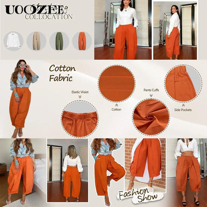 Women'S Minimalist Plain Loose Cotton Lantern Pants - Machine Washable, Breathable Soft Fabric, Elastic Waistband, Pockets, Casual Summer Outfit Bottoms, Machine Washable Pants,Summerwins,Summeroutfits,Vacationoutfits,Beachoutfits