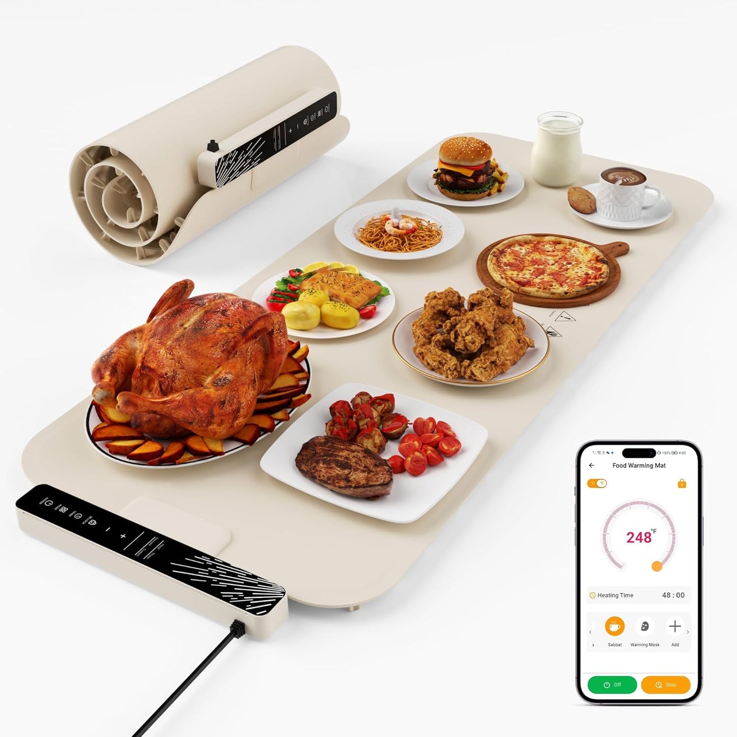 Warming Mat for Food 37"×15", Electric Warming Trays with APP & Button Control, Silicone Fast Heating Mat for Countertop, Rollable Dishwasher Safe Food Warmer for Parties Buffets Home Travel