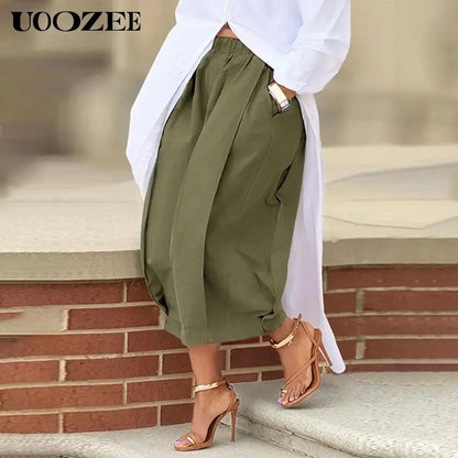 Women'S Minimalist Plain Loose Cotton Lantern Pants - Machine Washable, Breathable Soft Fabric, Elastic Waistband, Pockets, Casual Summer Outfit Bottoms, Machine Washable Pants,Summerwins,Summeroutfits,Vacationoutfits,Beachoutfits